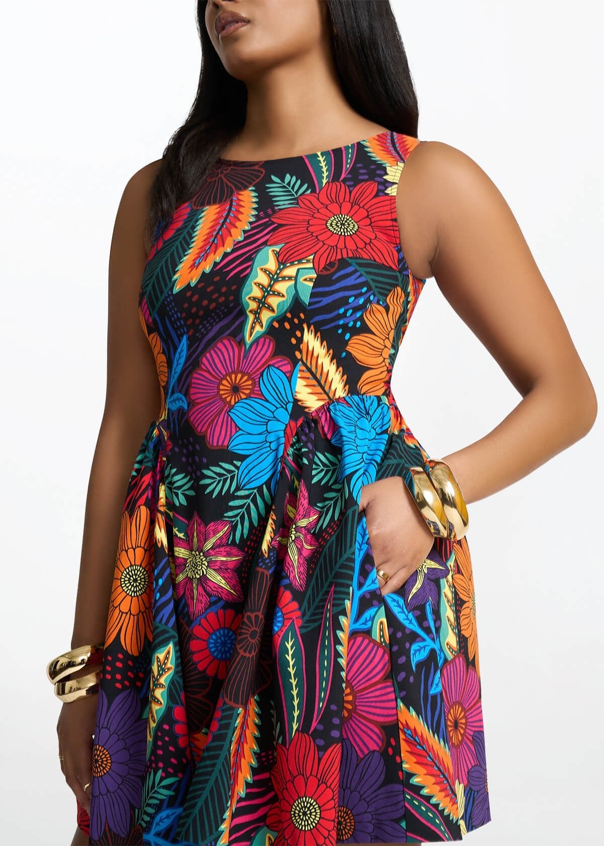 Tadala Women's African Print Stretch Mini Dress (Black Tropical Floral) - D'IYANU