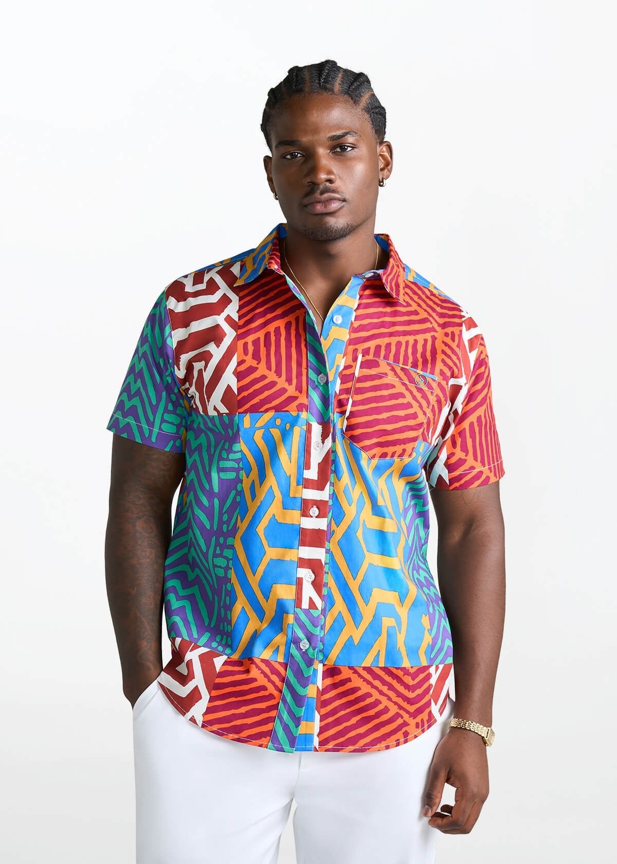 Tahir Men's African Print Button-Up shirt (Orange Blue Multipattern) - D'IYANU