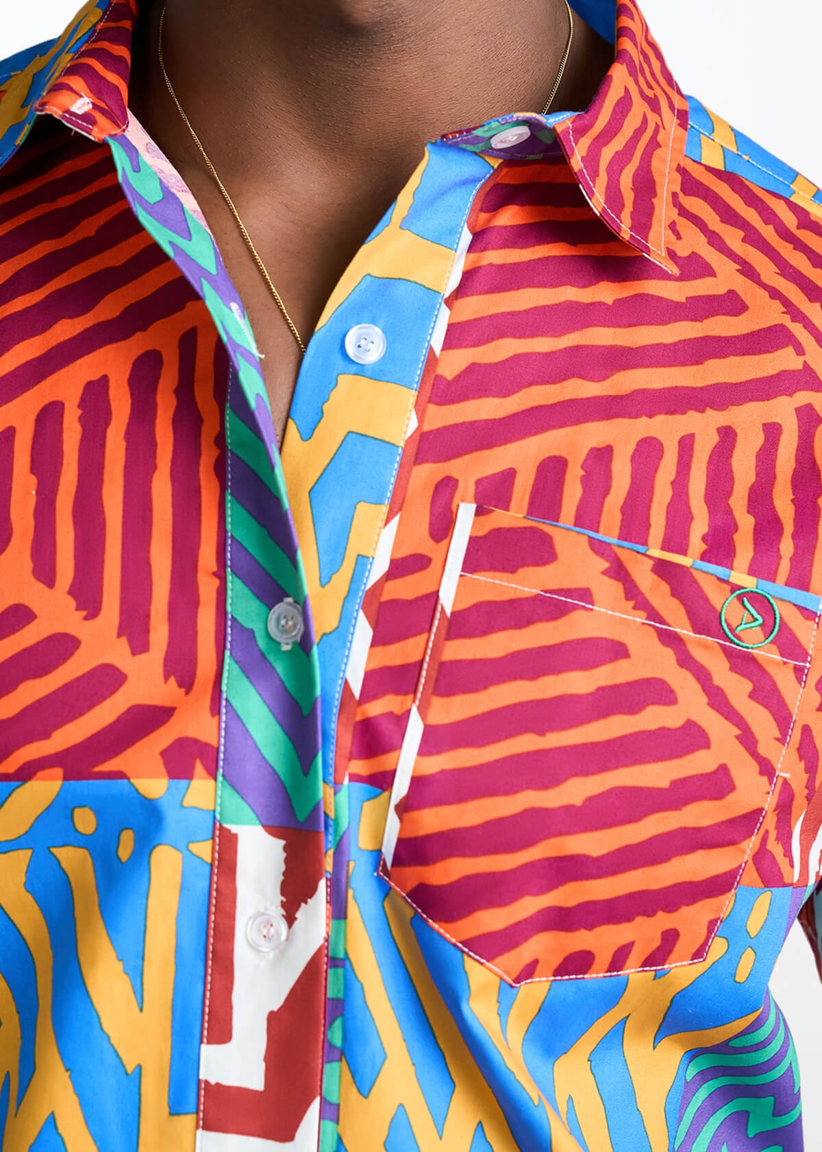 Tahir Men's African Print Button-Up shirt (Orange Blue Multipattern) - D'IYANU