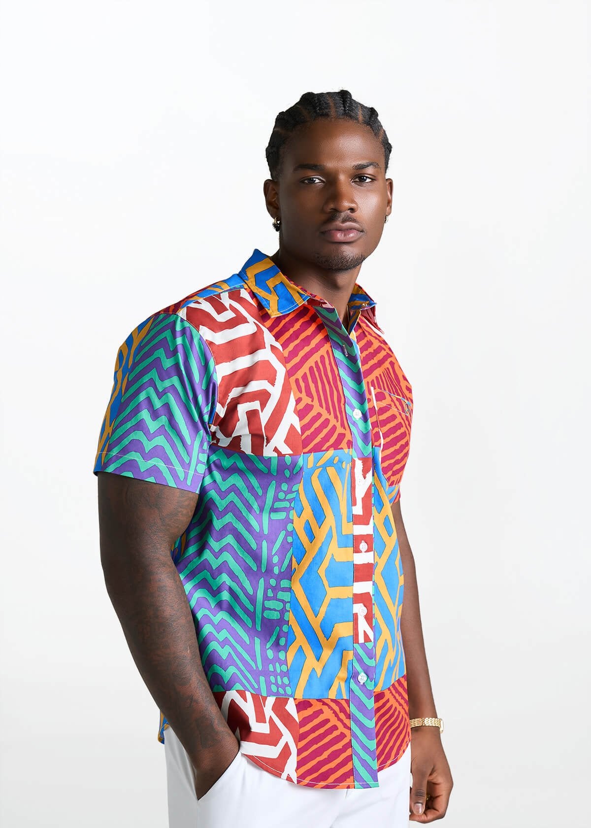 Tahir Men's African Print Button-Up shirt (Orange Blue Multipattern) - D'IYANU