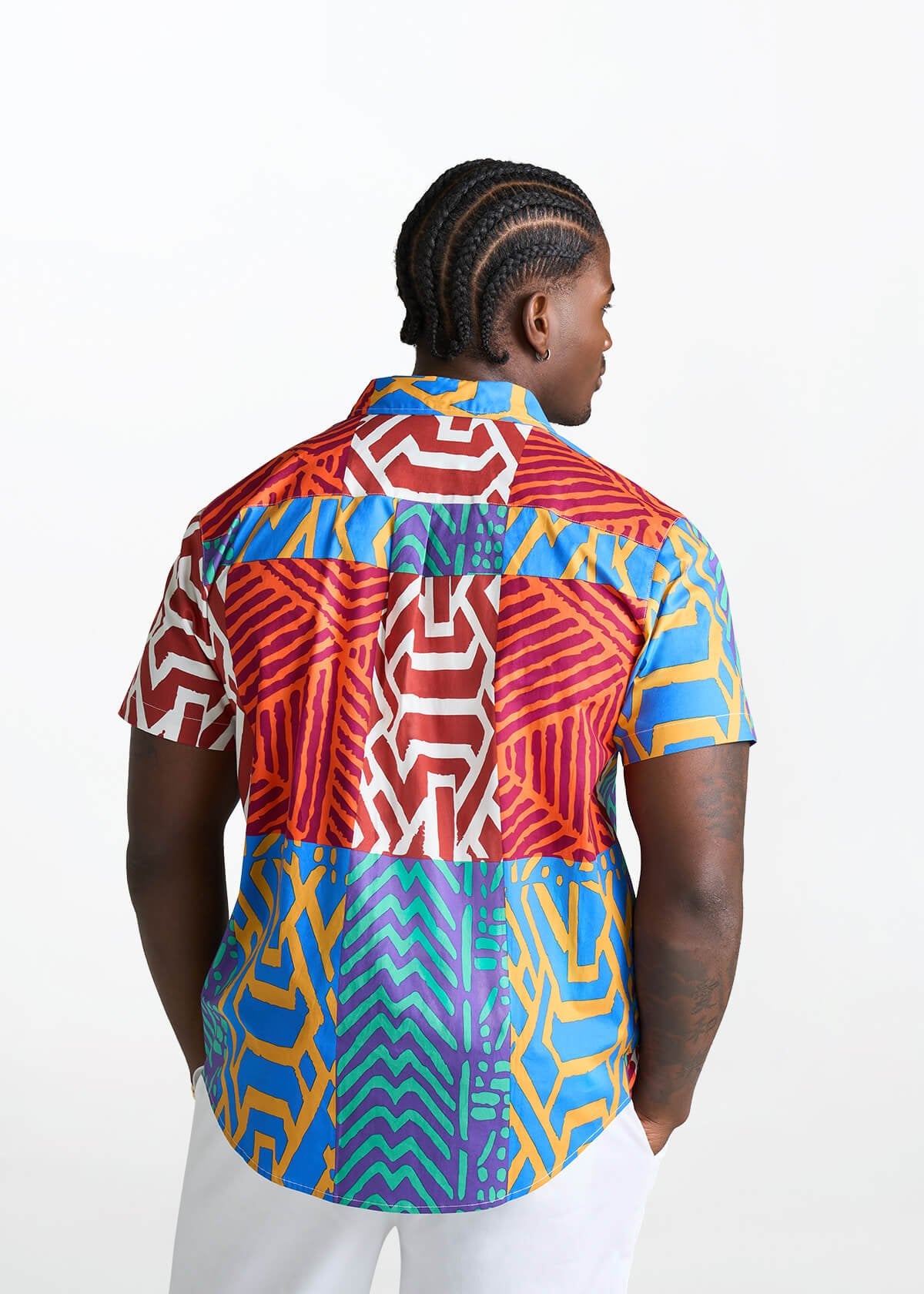 Tahir Men's African Print Button-Up shirt (Orange Blue Multipattern) - D'IYANU