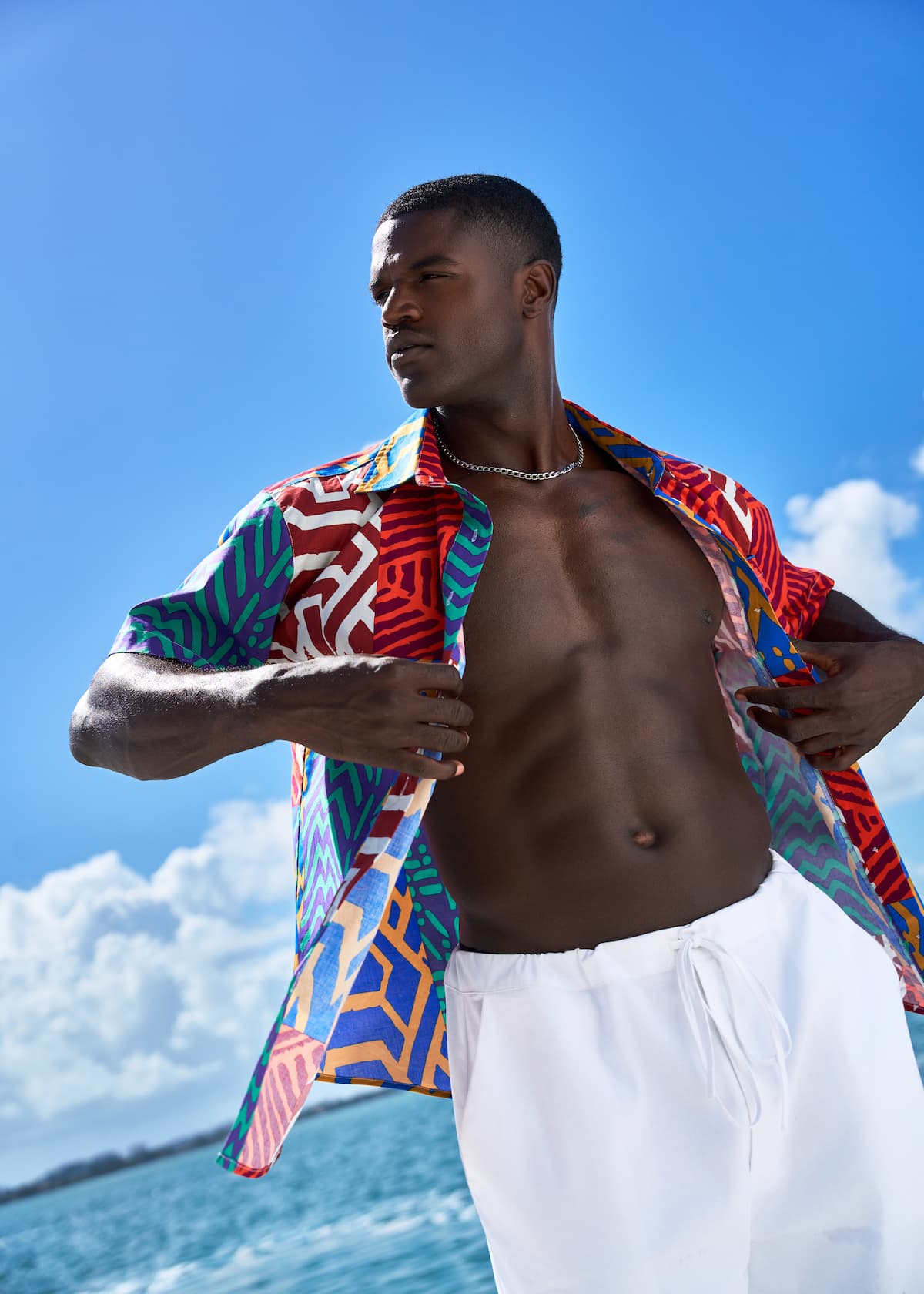 Tahir Men's African Print Button-Up shirt (Orange Blue Multipattern)