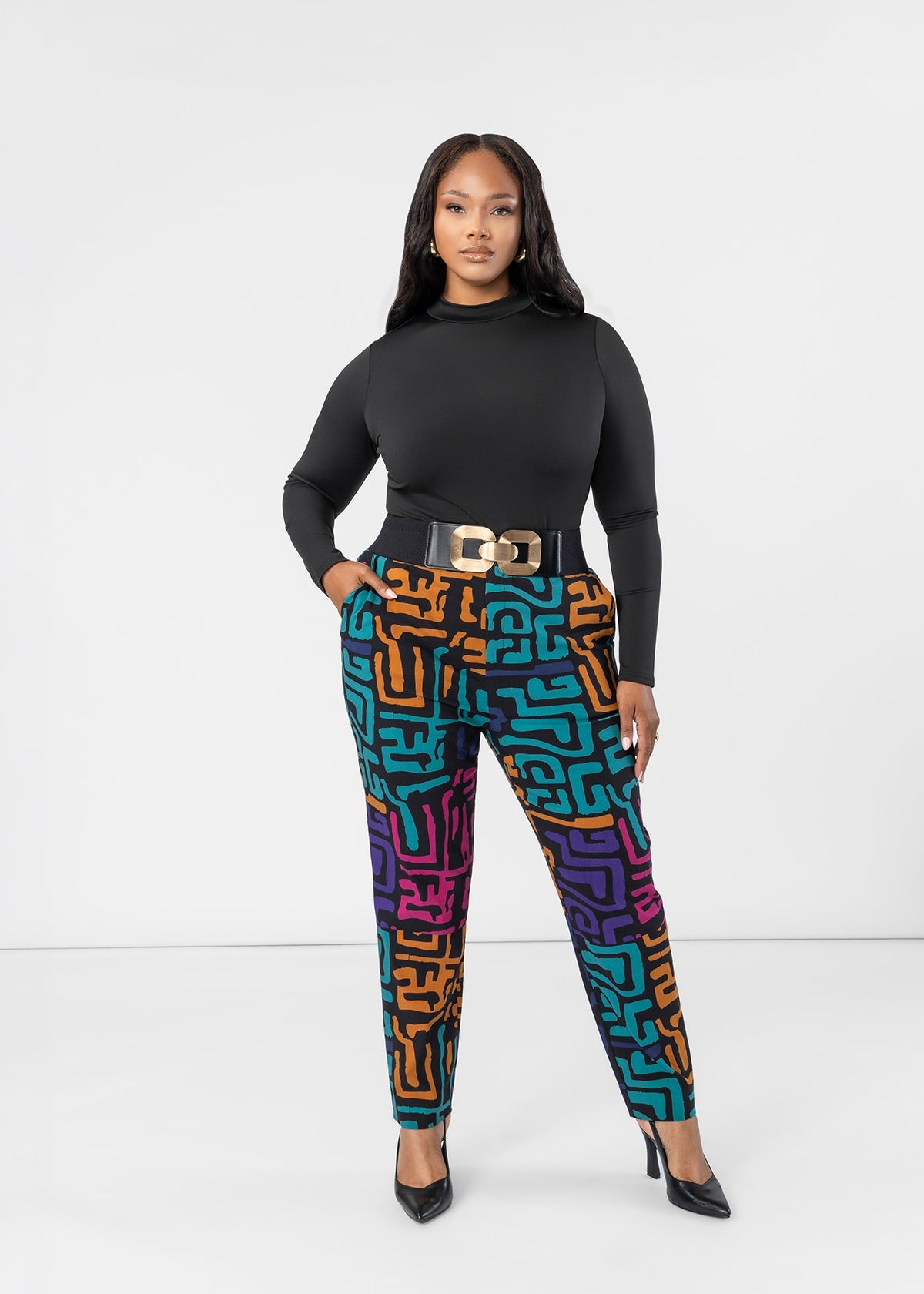 Talia Women's African Print Stretch Pants (Ebony Multi Geometric) - D'IYANU