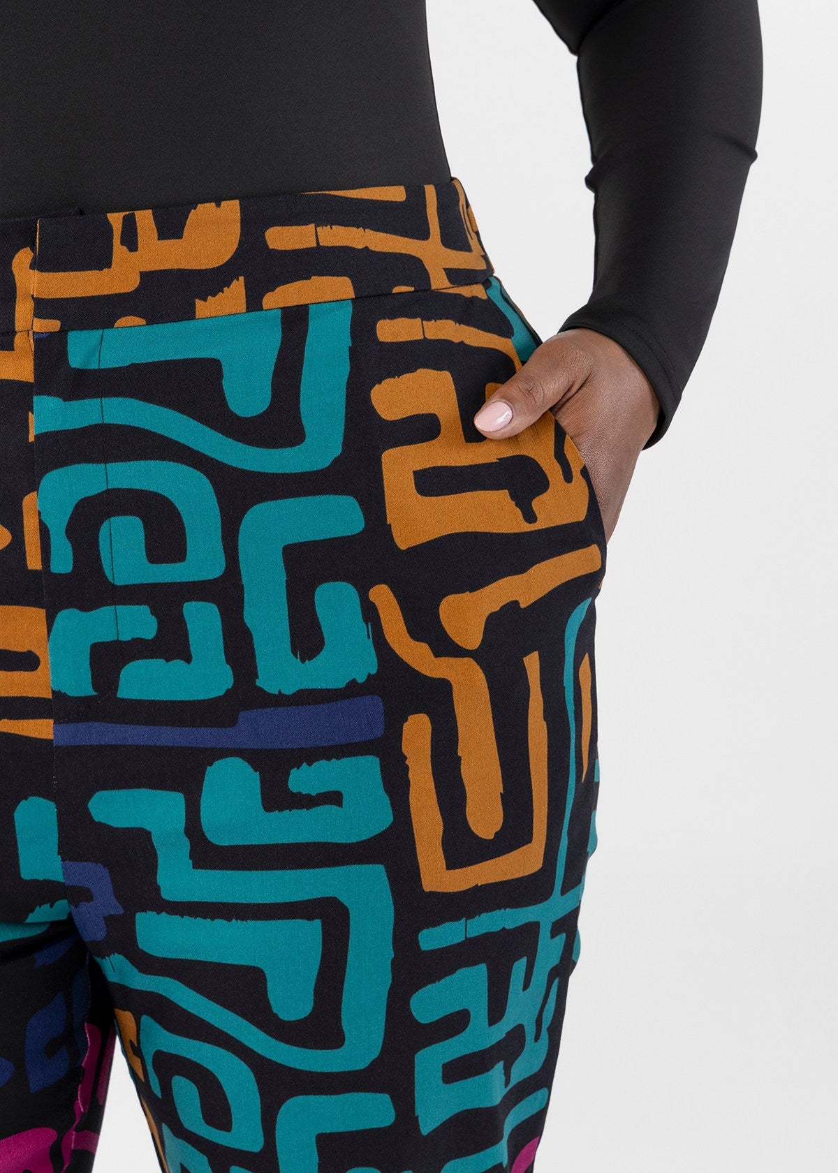 Talia Women's African Print Stretch Pants (Ebony Multi Geometric) - D'IYANU