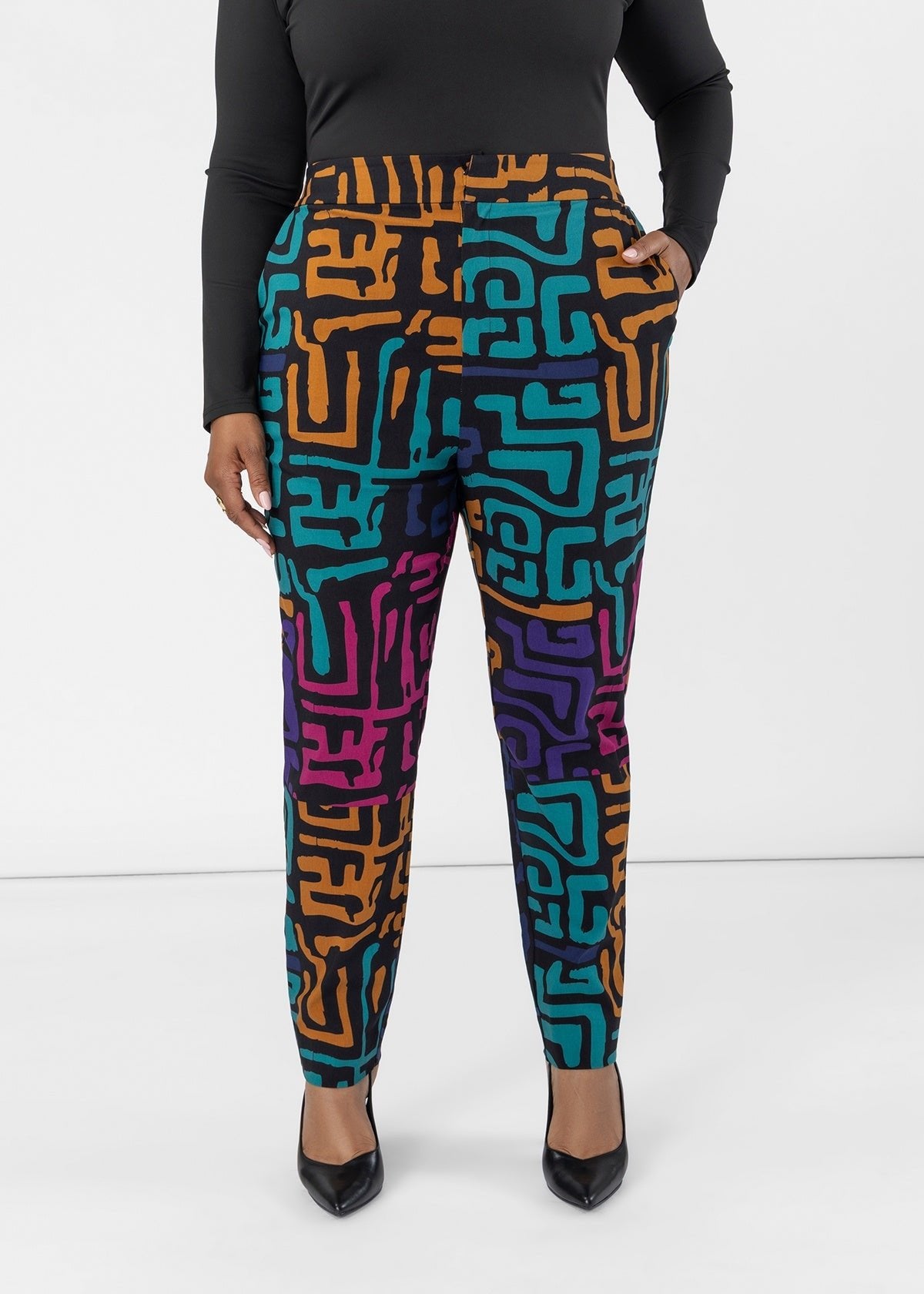 Talia Women's African Print Stretch Pants (Ebony Multi Geometric) - D'IYANU