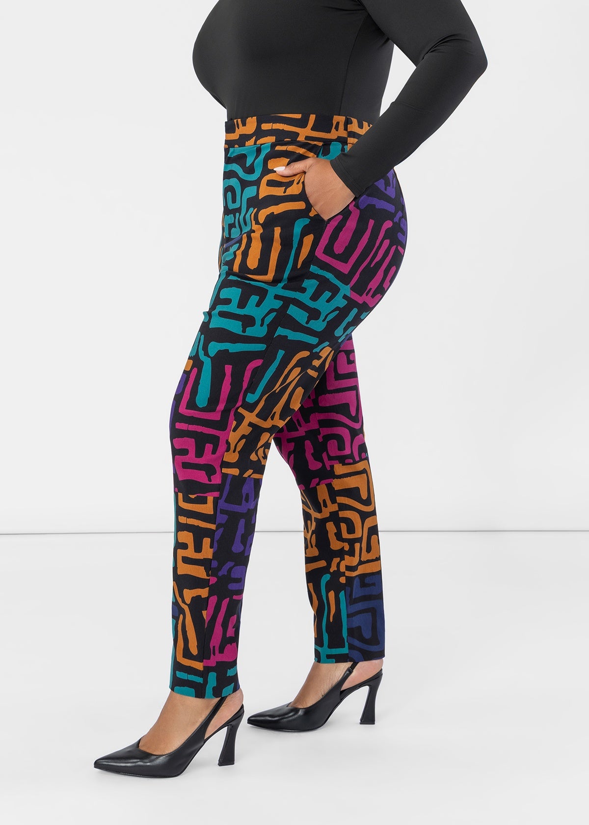 Talia Women's African Print Stretch Pants (Ebony Multi Geometric) - D'IYANU
