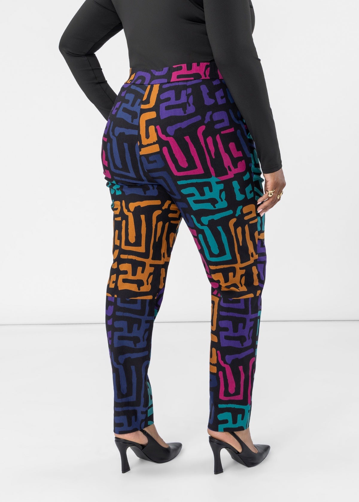 Talia Women's African Print Stretch Pants (Ebony Multi Geometric) - D'IYANU