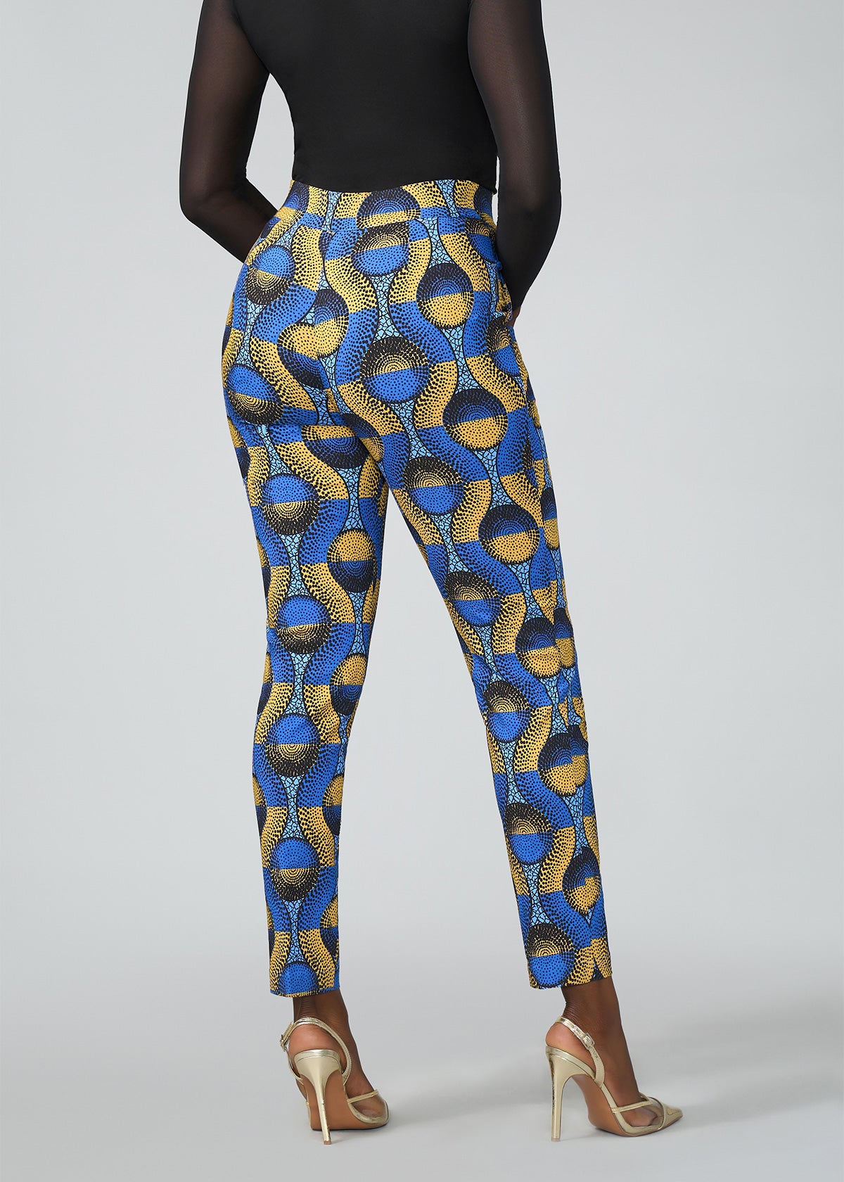 Talia Women's African Print Stretch Pants (Blue Gold Circles)