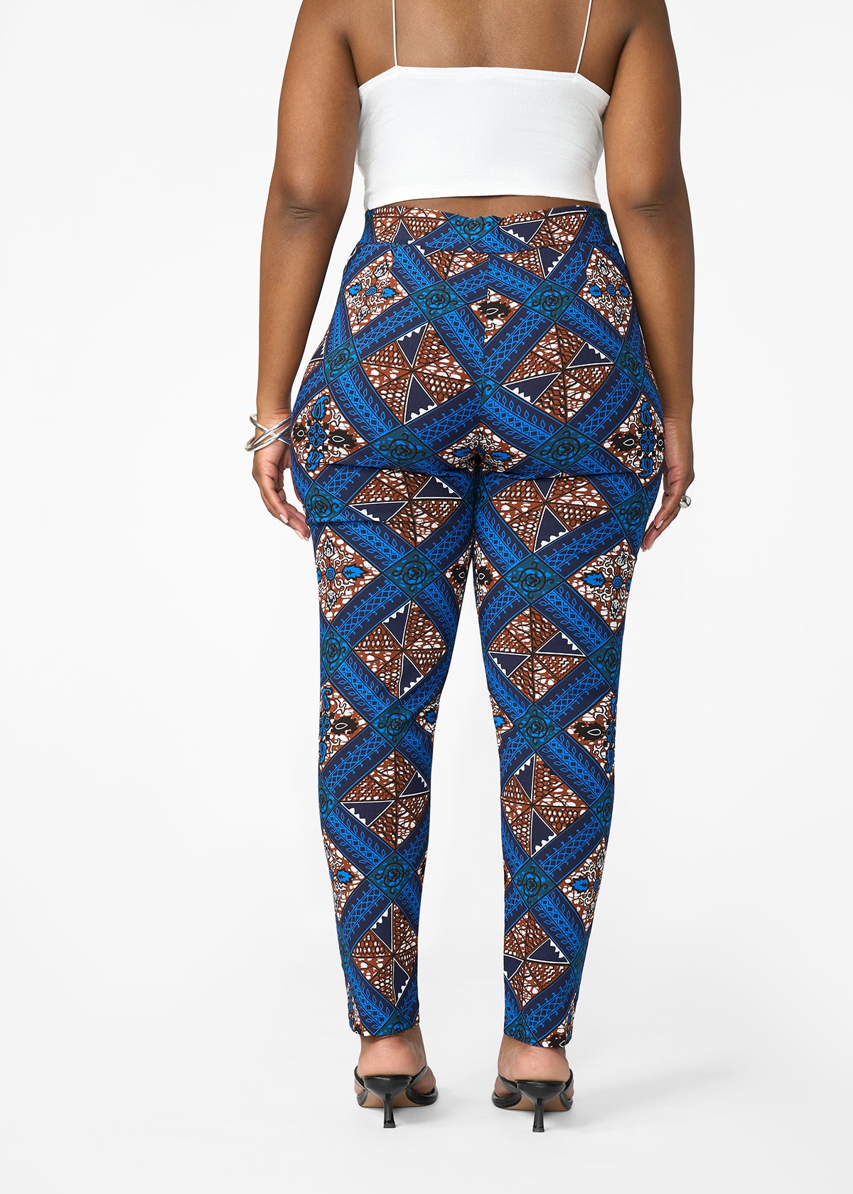 Talia Women's African Print Stretch Pants (Blue Tan Diamonds)