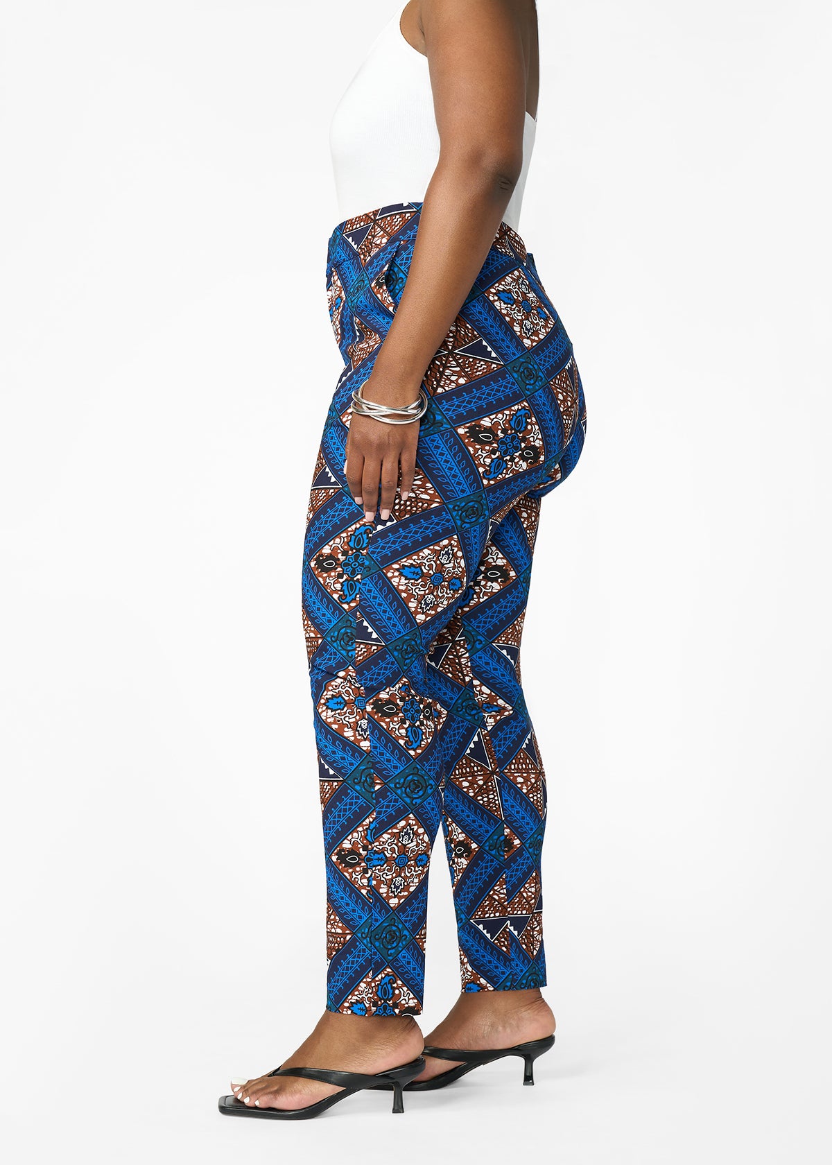 Talia Women's African Print Stretch Pants (Blue Tan Diamonds)