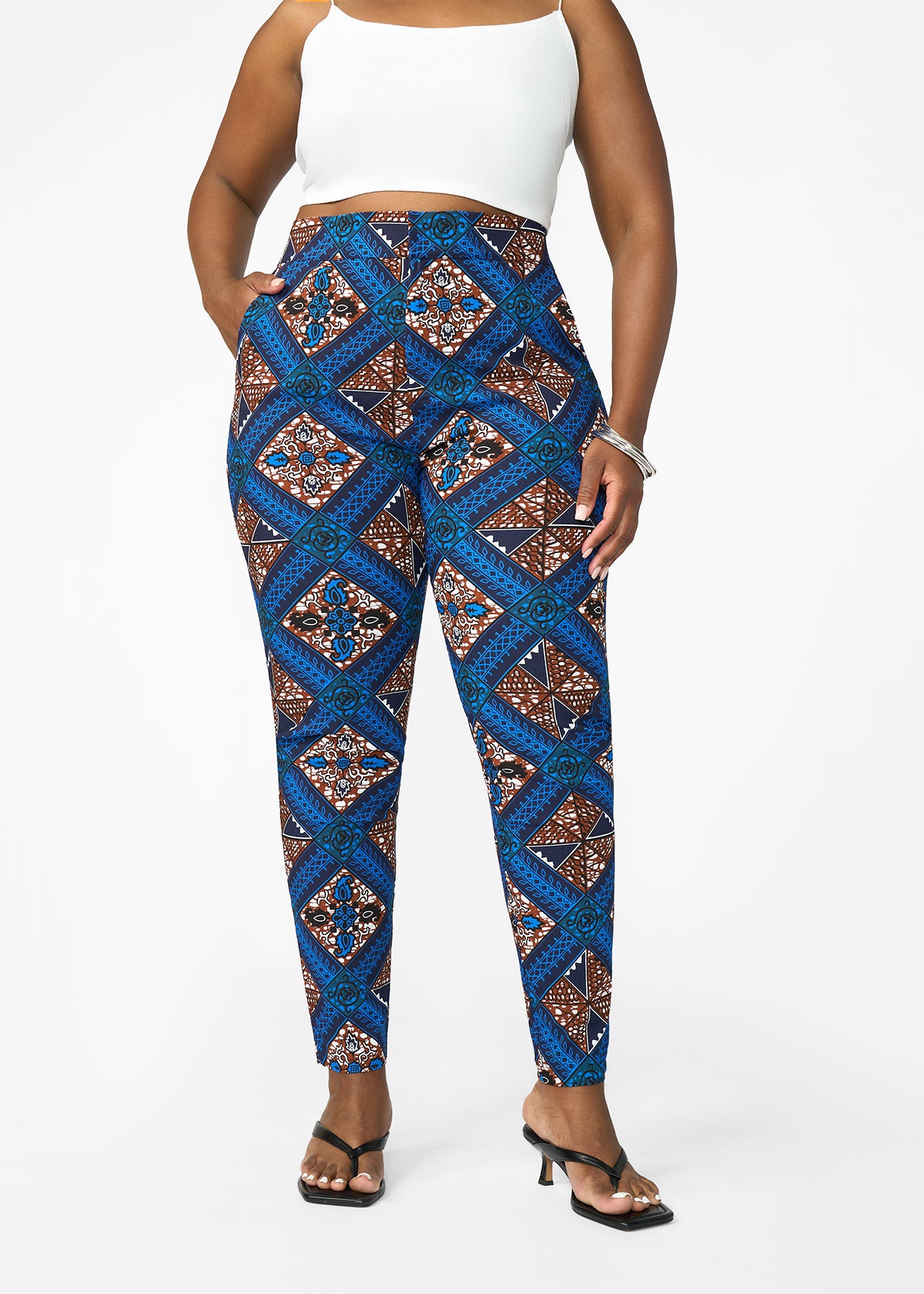 Talia Women's African Print Stretch Pants (Blue Tan Diamonds)