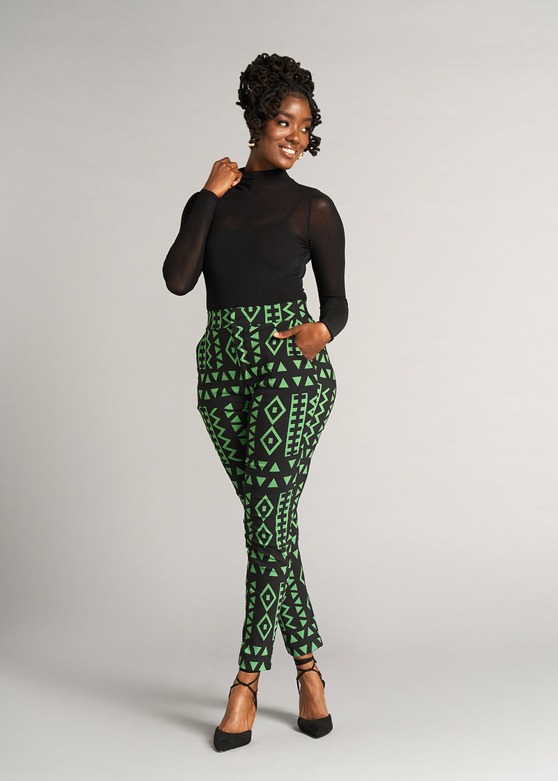 Talia Women's African Print Stretch Pants (Moss Black Geometric)