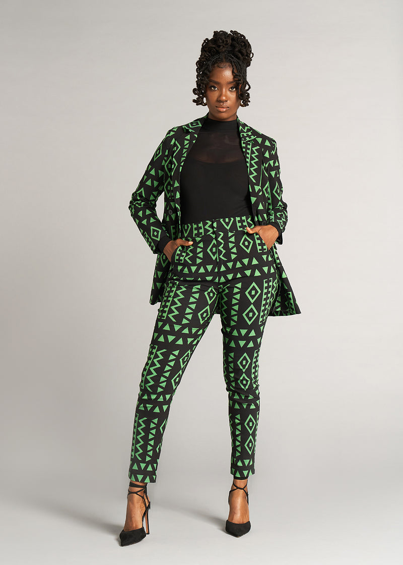 Talia Women's African Print Stretch Pants (Moss Black Geometric)