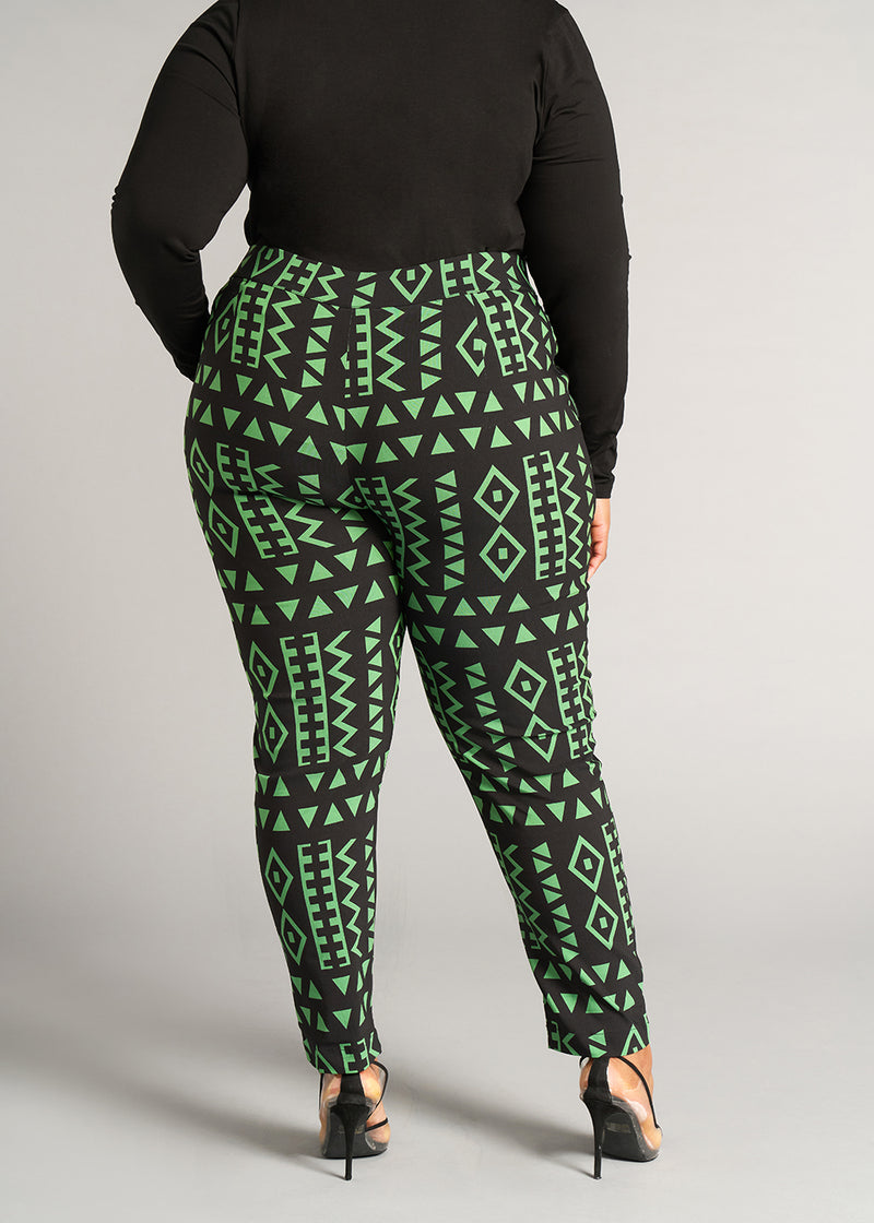 Talia Women's African Print Stretch Pants (Moss Black Geometric)