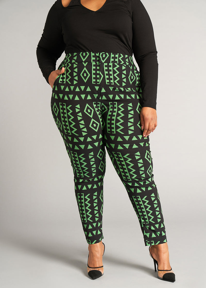 Talia Women's African Print Stretch Pants (Moss Black Geometric)