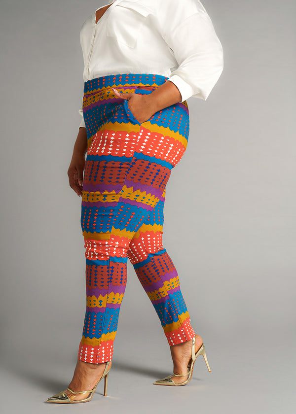 Talia Women's African Print Stretch Pants (Orange Teal Adire)