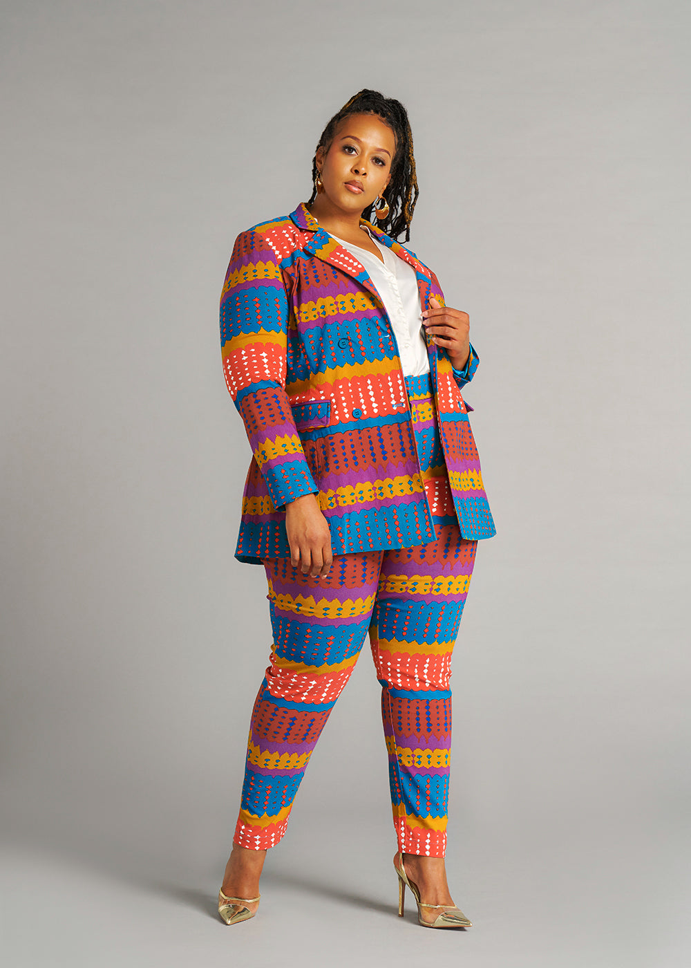 Talia Women's African Print Stretch Pants (Orange Teal Adire)