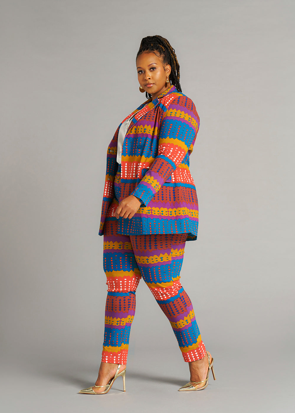 Talia Women's African Print Stretch Pants (Orange Teal Adire)