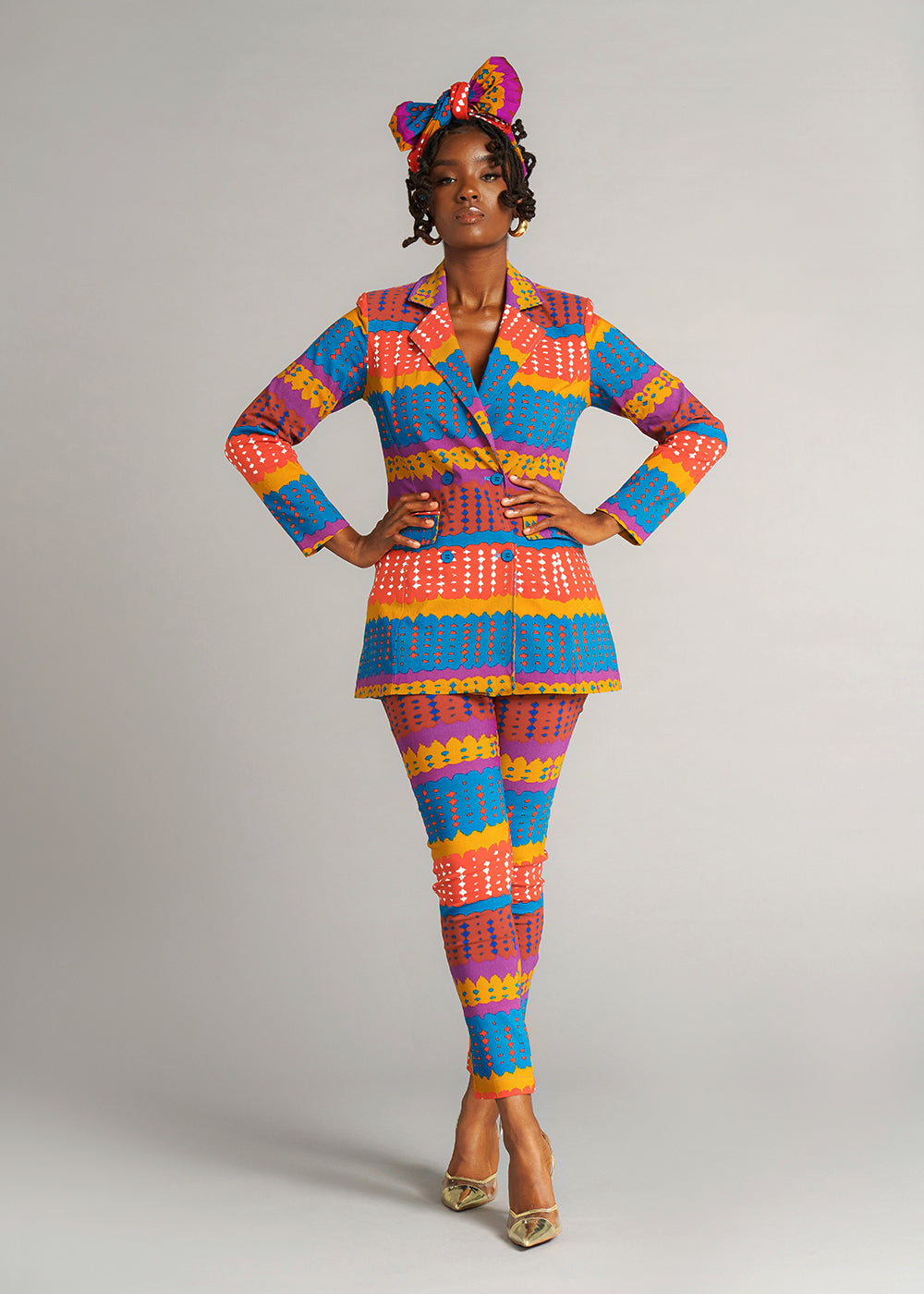 Talia Women's African Print Stretch Pants (Orange Teal Adire)