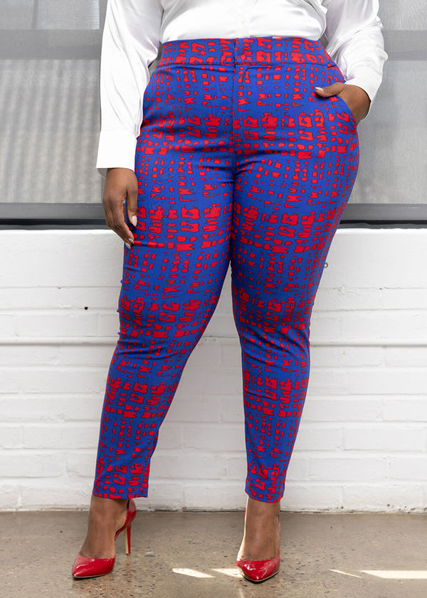 Talia Women's African Print Stretch Pants (Red Blue Adire)