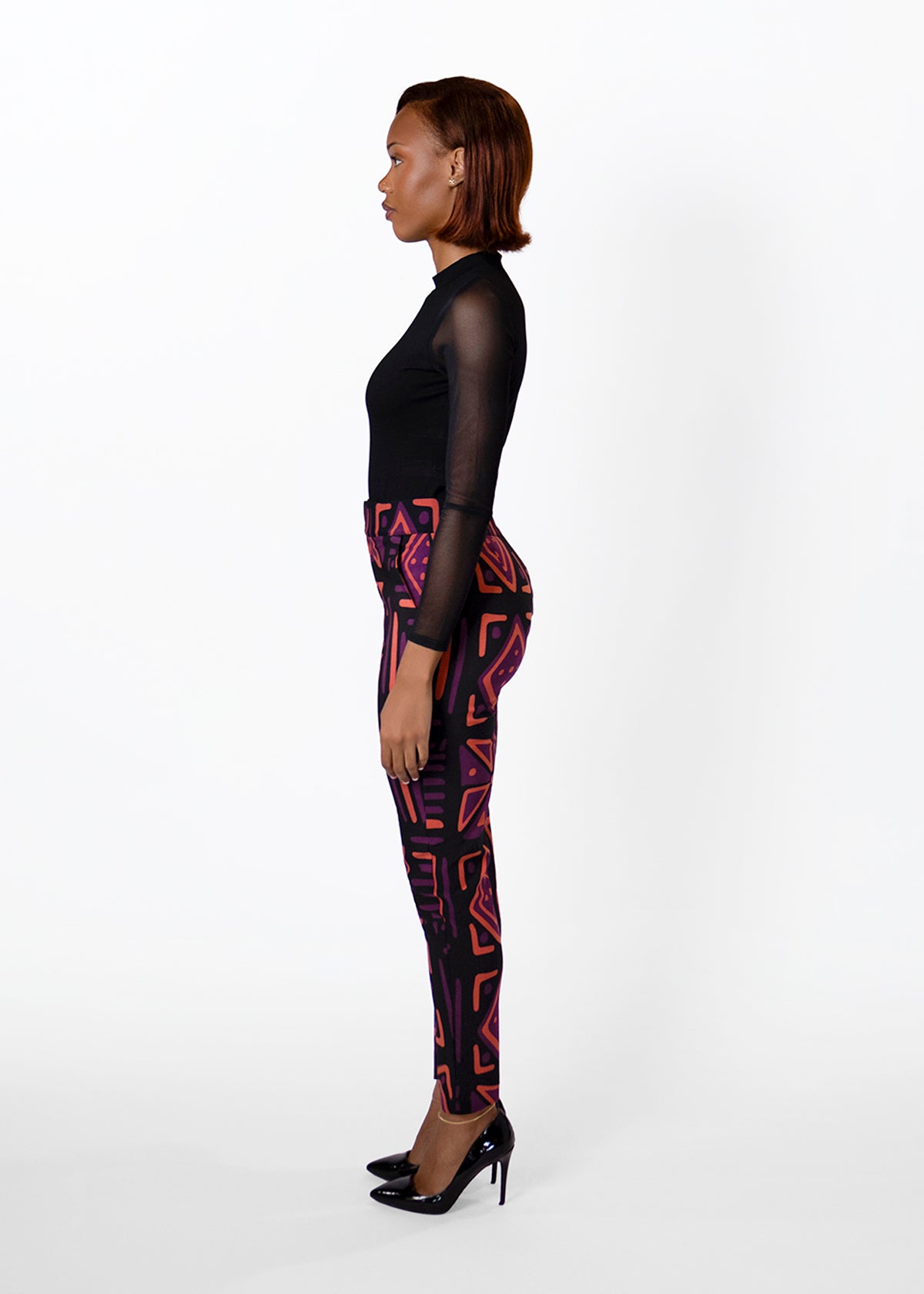 Talia Womens African Print Stretch Pants (Black Peach Tribal)