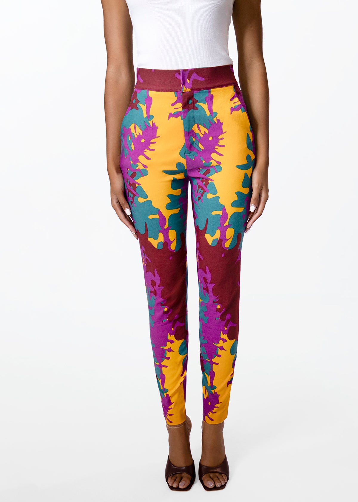 Talia Womens African Print Stretch Pants (Purple Gold Abstract)