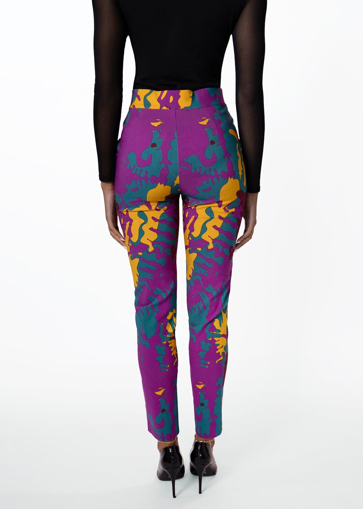 Talia Womens African Print Stretch Pants (Purple Gold Abstract)