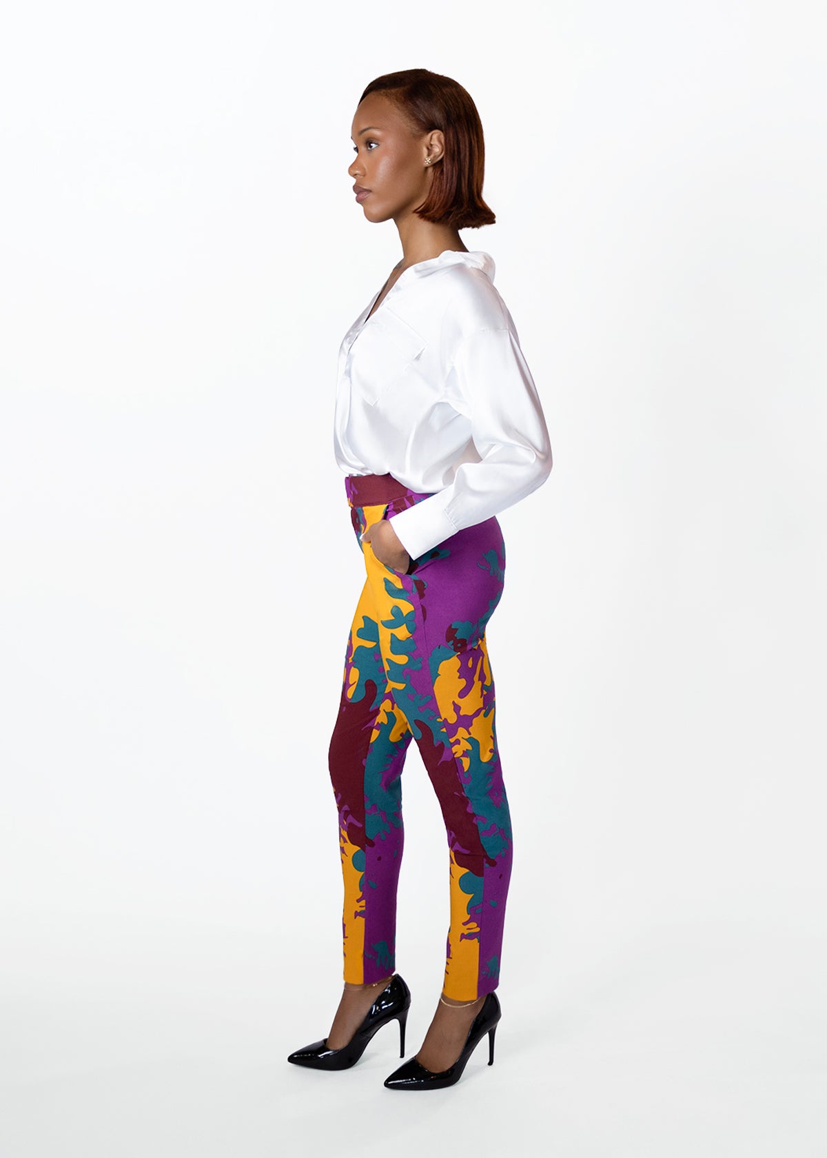 Talia Womens African Print Stretch Pants (Purple Gold Abstract)