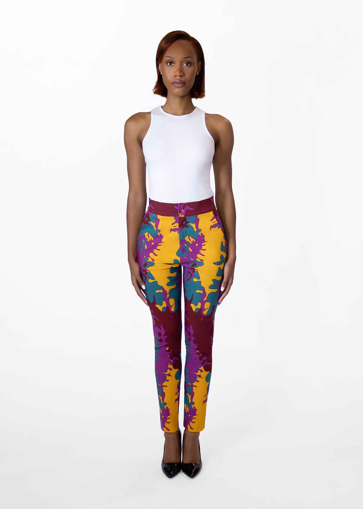 Talia Womens African Print Stretch Pants (Purple Gold Abstract)