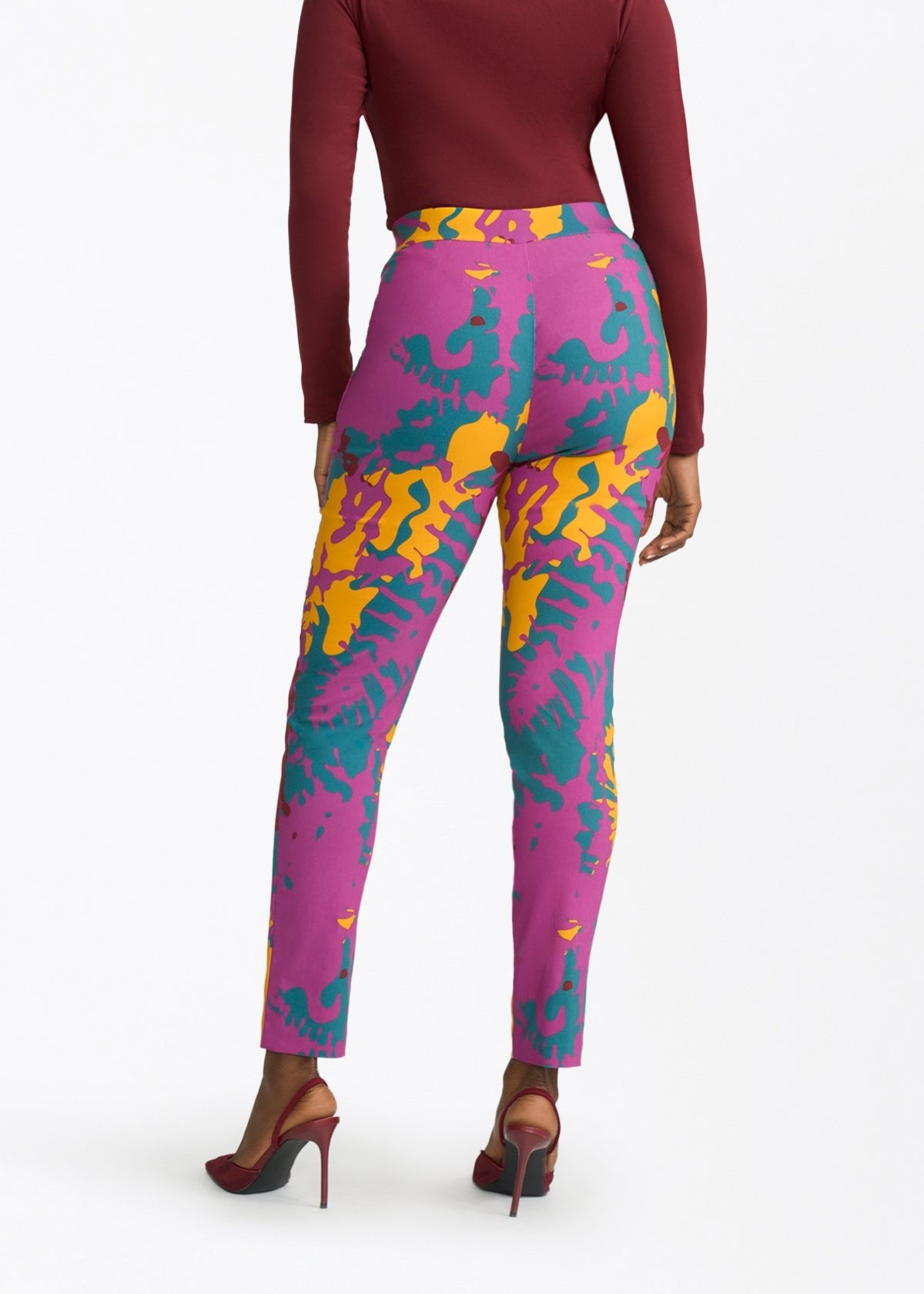 Talia Womens African Print Stretch Pants (Purple Gold Abstract) - D'IYANU