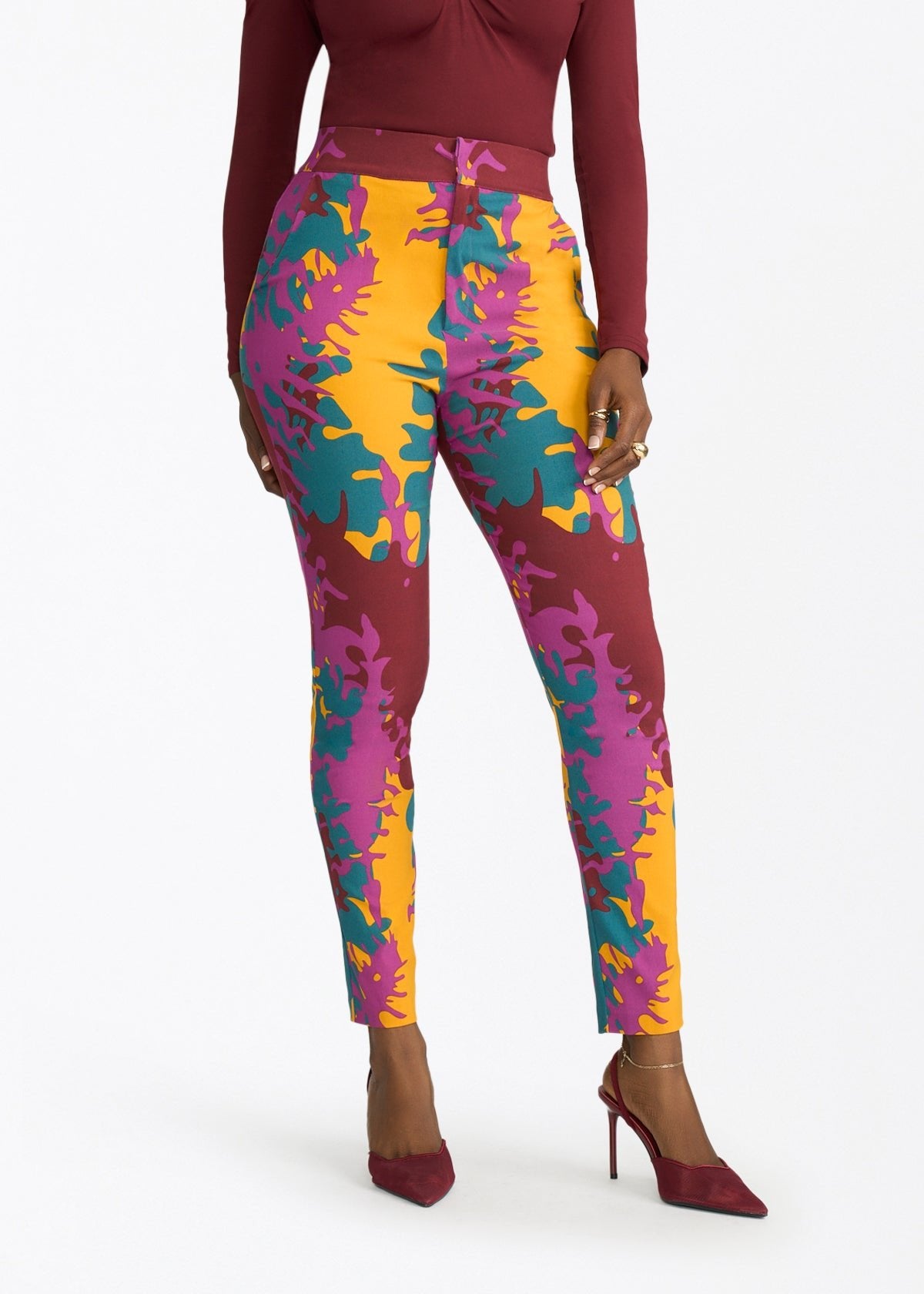 Talia Womens African Print Stretch Pants (Purple Gold Abstract) - D'IYANU