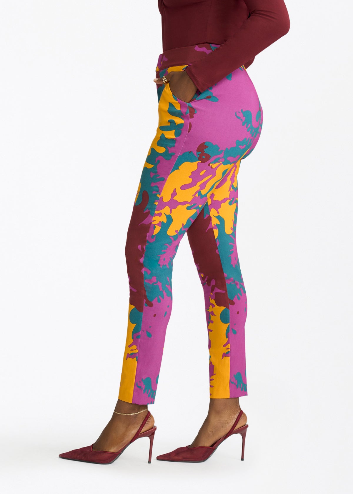 Talia Womens African Print Stretch Pants (Purple Gold Abstract) - D'IYANU