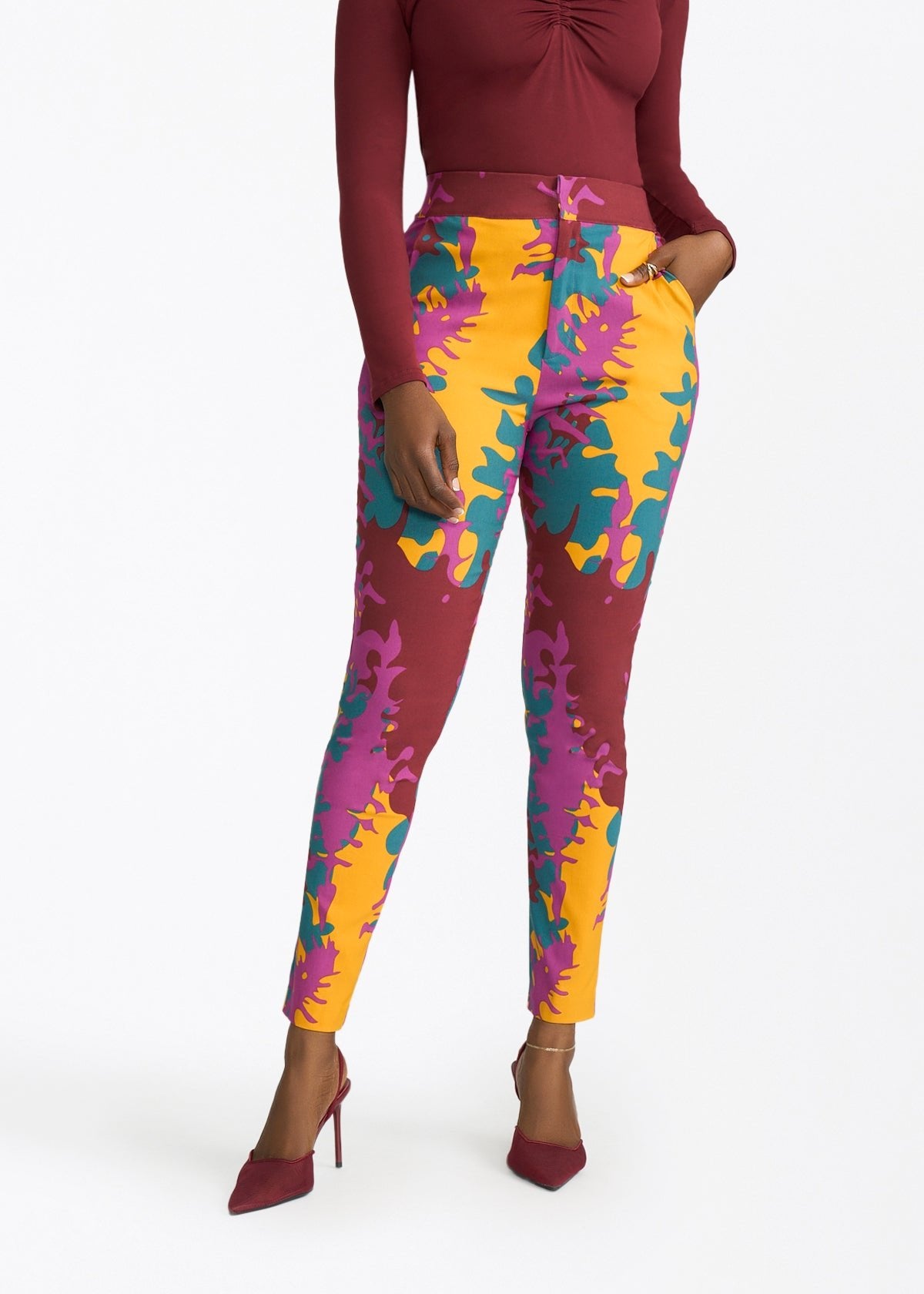 Talia Womens African Print Stretch Pants (Purple Gold Abstract) - D'IYANU