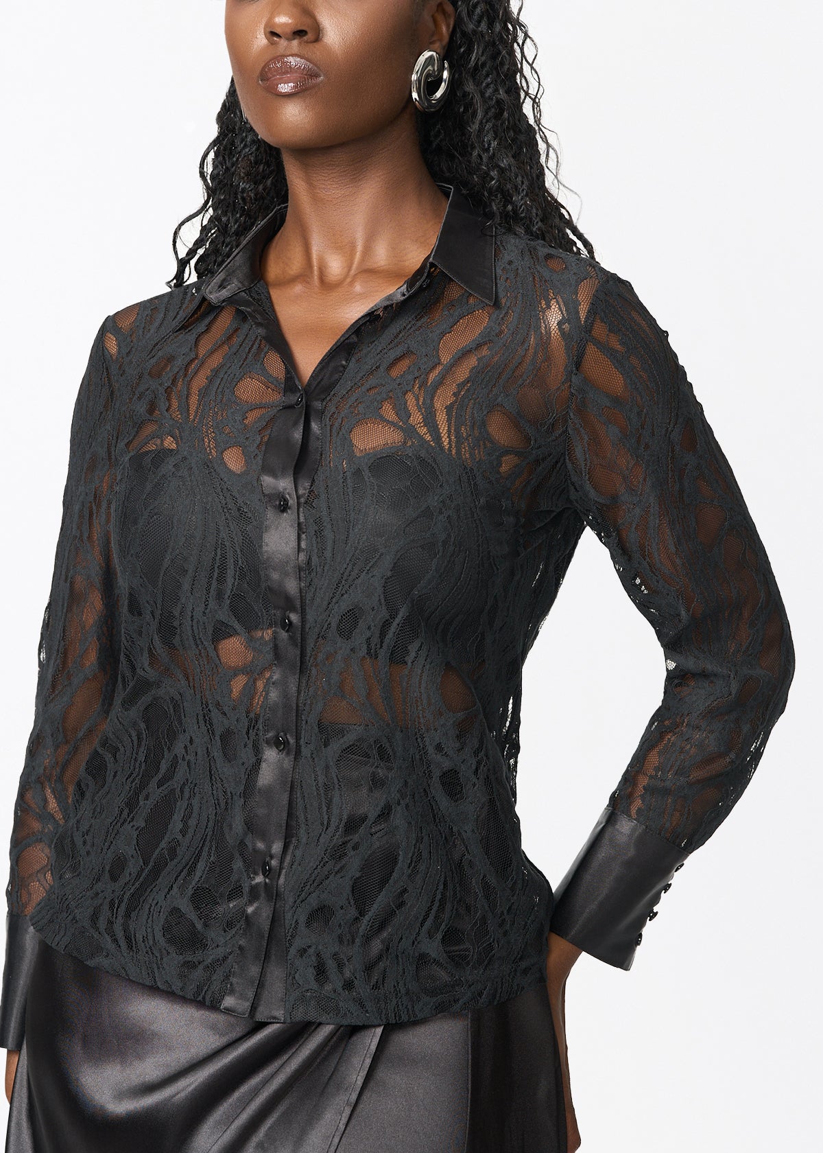 Tamika Women's Sheer Lace Blouse (Black) - D'IYANU