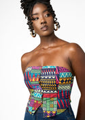 Tanina Women's African Print Button-Up Bandeau Top (Green Navy Kente)