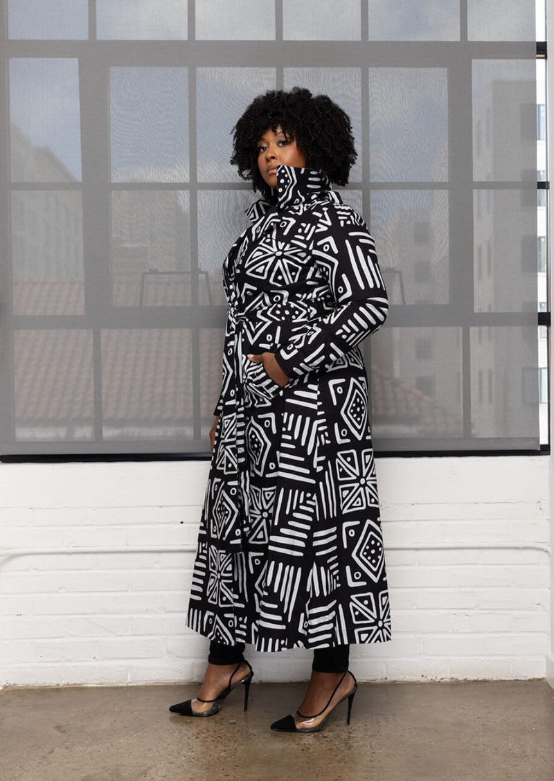 Taraji Women's African Print Maxi Trench Coat (Grayscale Tribal)