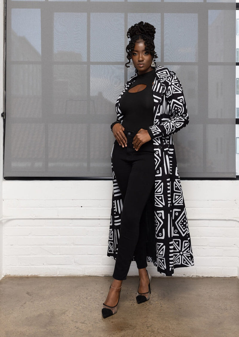 Taraji Women's African Print Maxi Trench Coat (Grayscale Tribal)