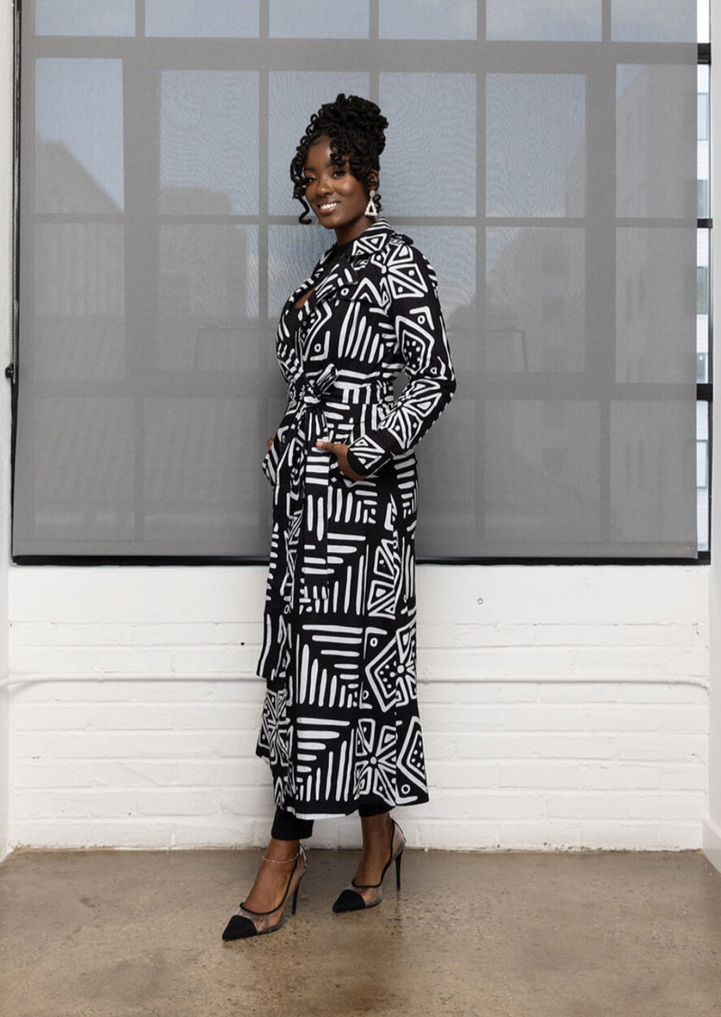 Taraji Women's African Print Maxi Trench Coat (Grayscale Tribal)