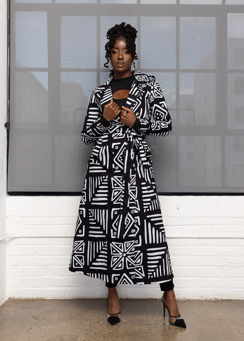 Taraji Women's African Print Maxi Trench Coat (Grayscale Tribal)