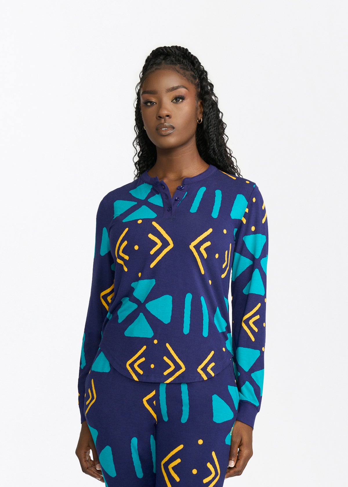 Tella Women's African Print Pajama Set (Navy Gold Mudcloth) - D'IYANU