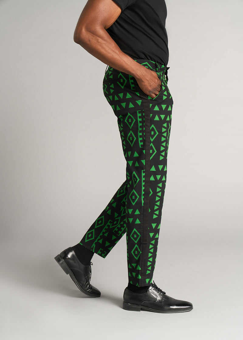 Tendai Men's African Print Trousers (Moss Black Geometric)