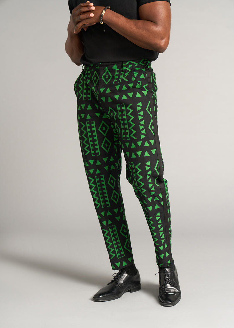 Tendai Men's African Print Trousers (Moss Black Geometric)