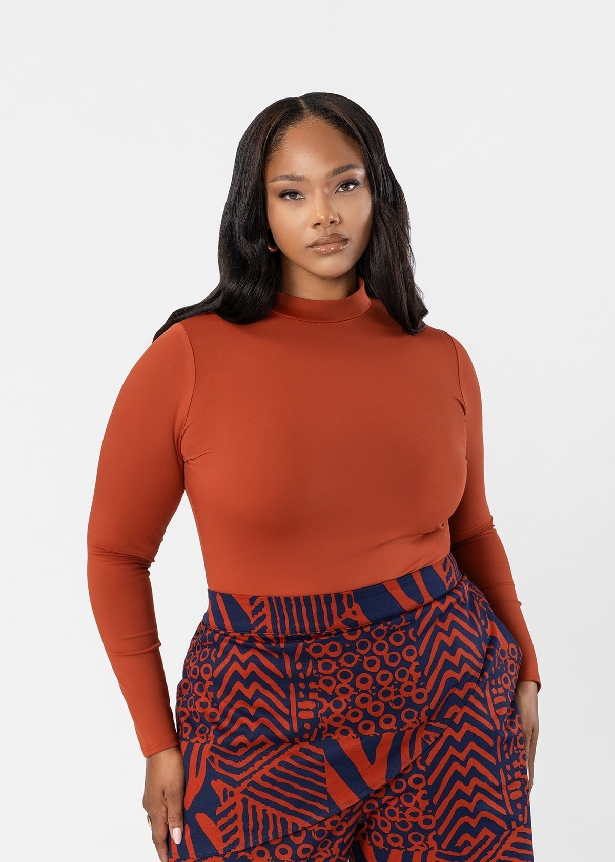 Thabisa Women's African Print Mock Neck Bodysuit (Brown) - D'IYANU