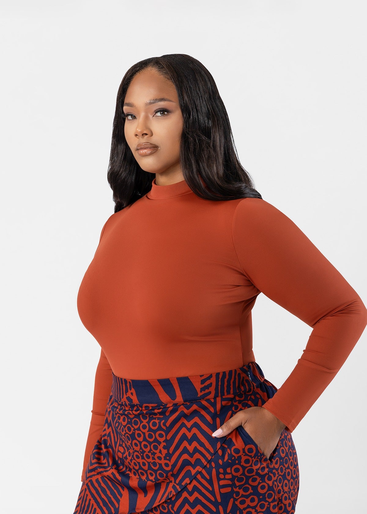 Thabisa Women's African Print Mock Neck Bodysuit (Brown) - D'IYANU