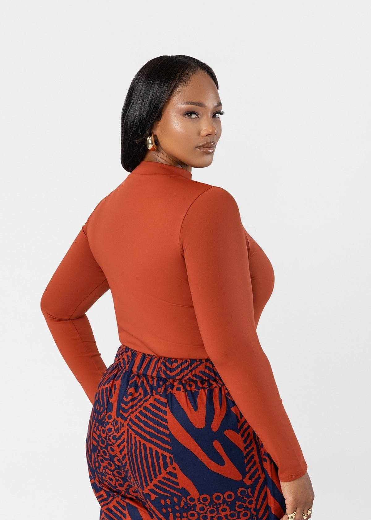 Thabisa Women's African Print Mock Neck Bodysuit (Brown) - D'IYANU