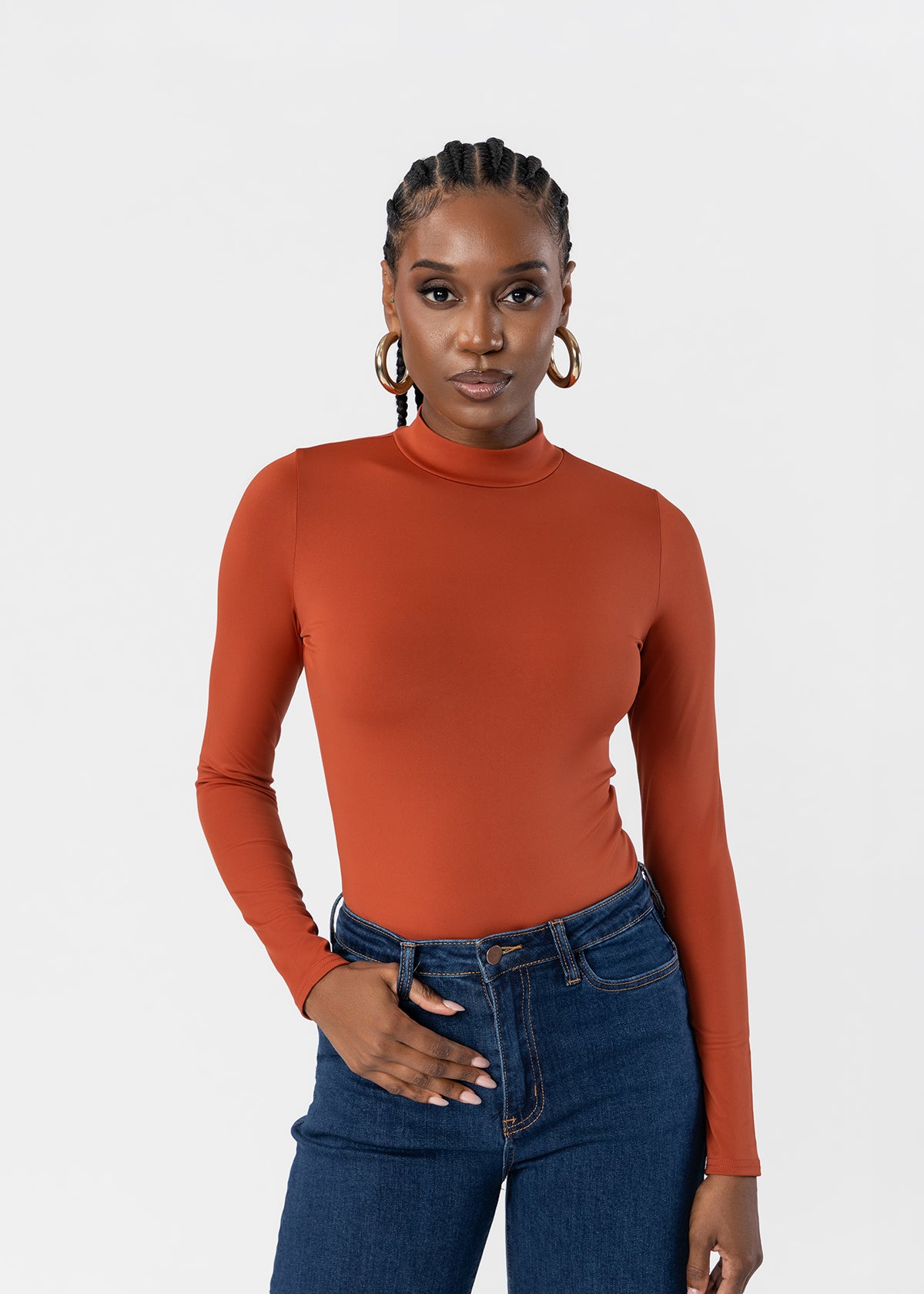 Thabisa Women's African Print Mock Neck Bodysuit (Brown) - D'IYANU