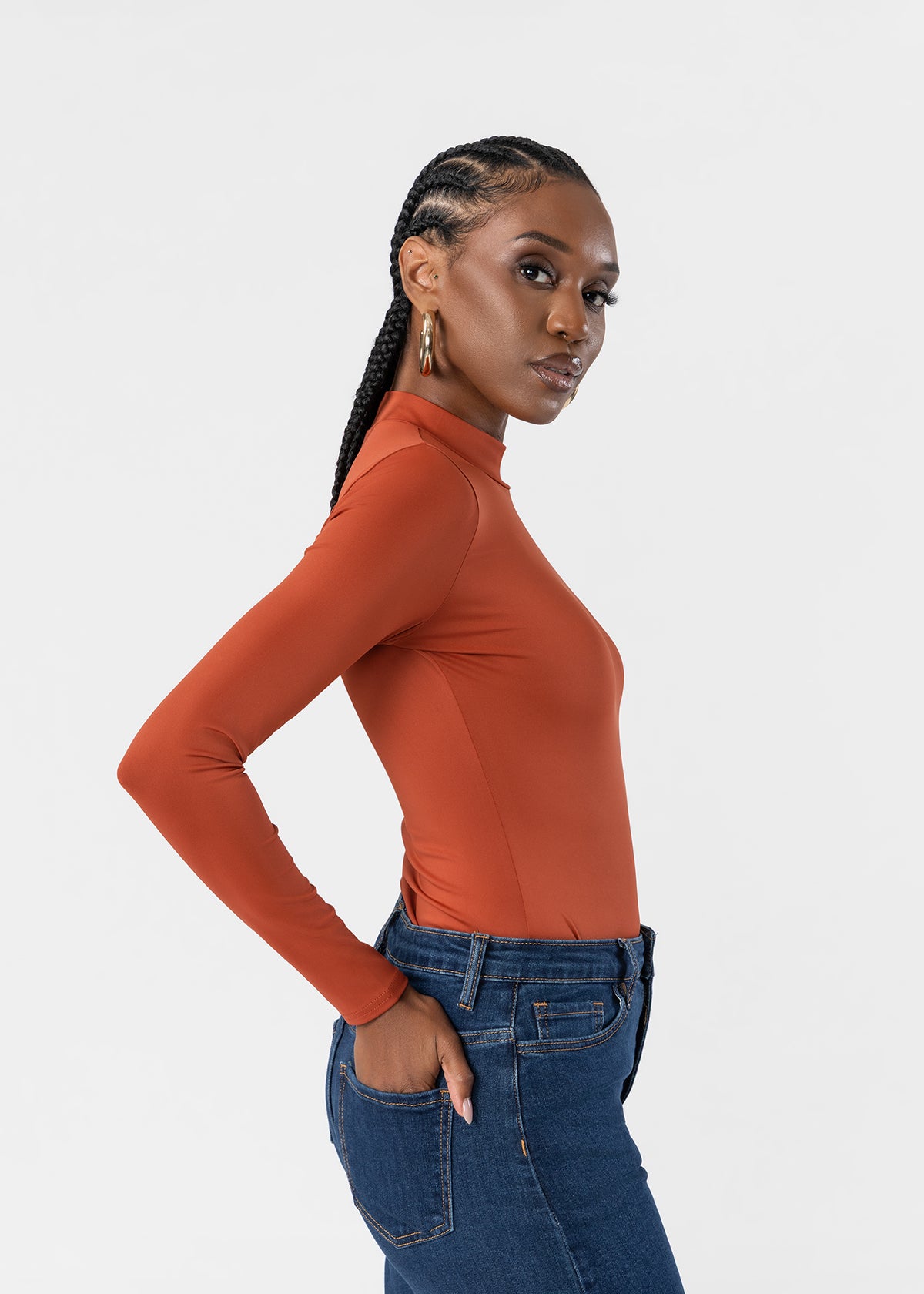 Thabisa Women's African Print Mock Neck Bodysuit (Brown) - D'IYANU