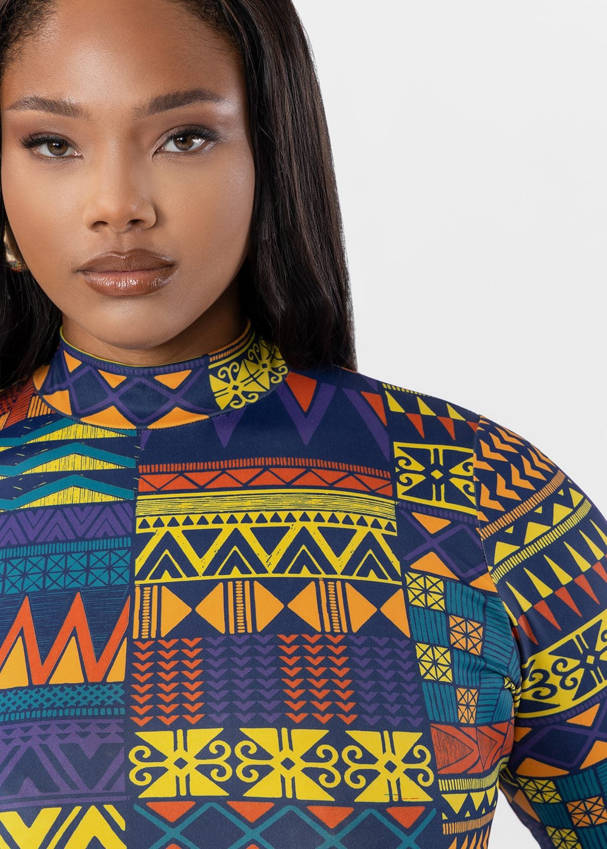 Thabisa Women's African Print Mock Neck Bodysuit (Navy Gold Kente) - D'IYANU