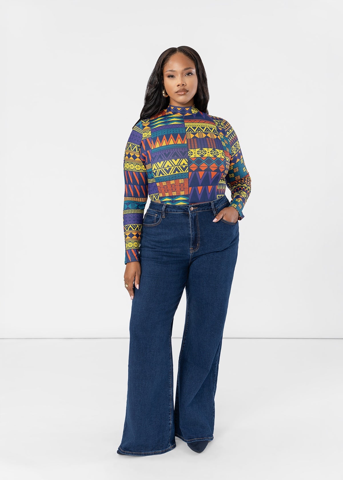 Thabisa Women's African Print Mock Neck Bodysuit (Navy Gold Kente) - D'IYANU