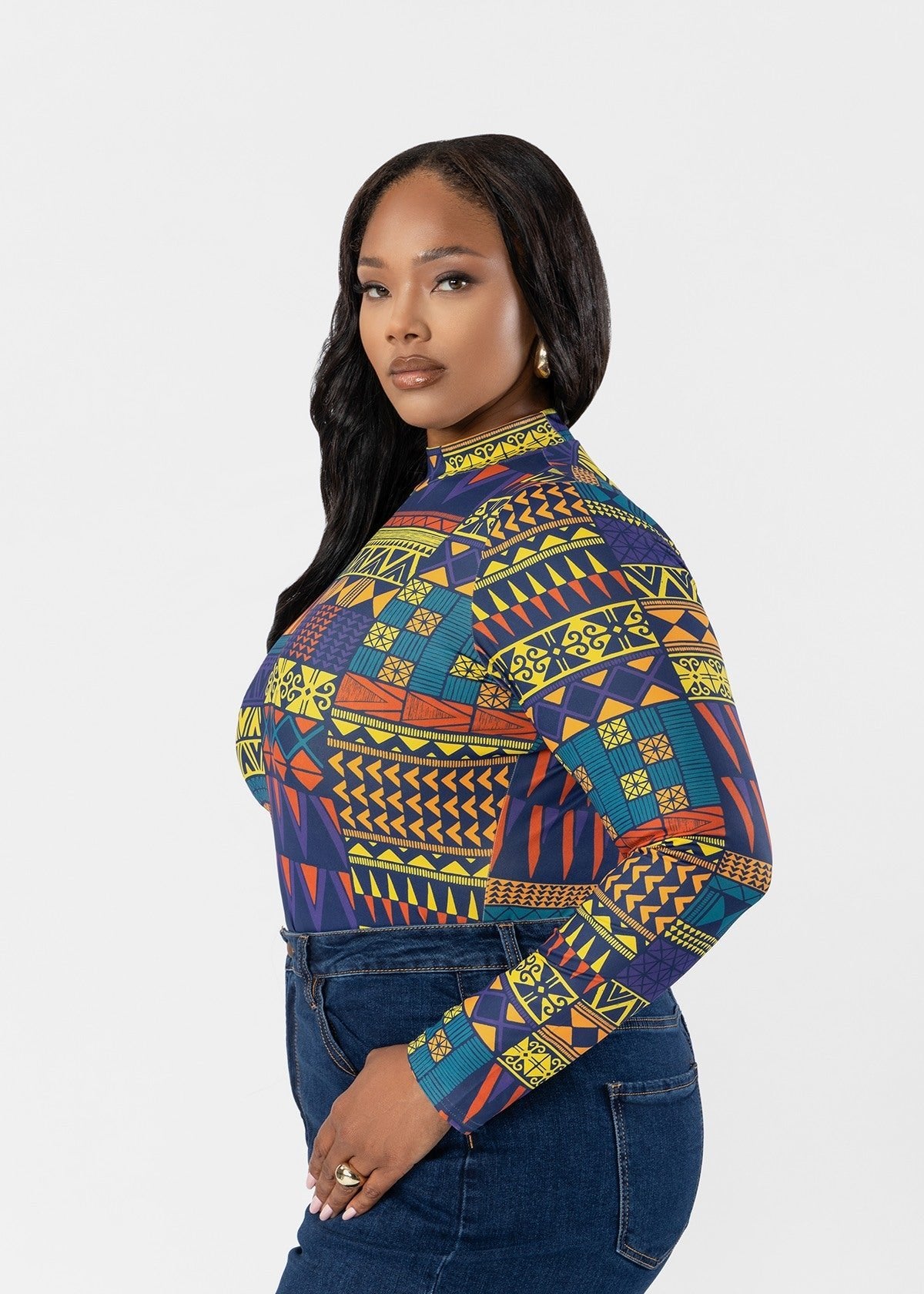 Thabisa Women's African Print Mock Neck Bodysuit (Navy Gold Kente) - D'IYANU